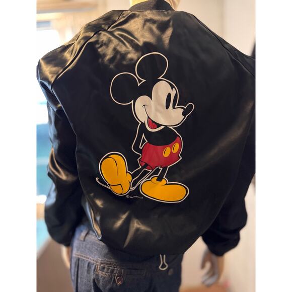Vintage 80s Chalk Line Mickey Mouse Satin Bomber Jacket Black Large Made in USA - Picture 2 of 12